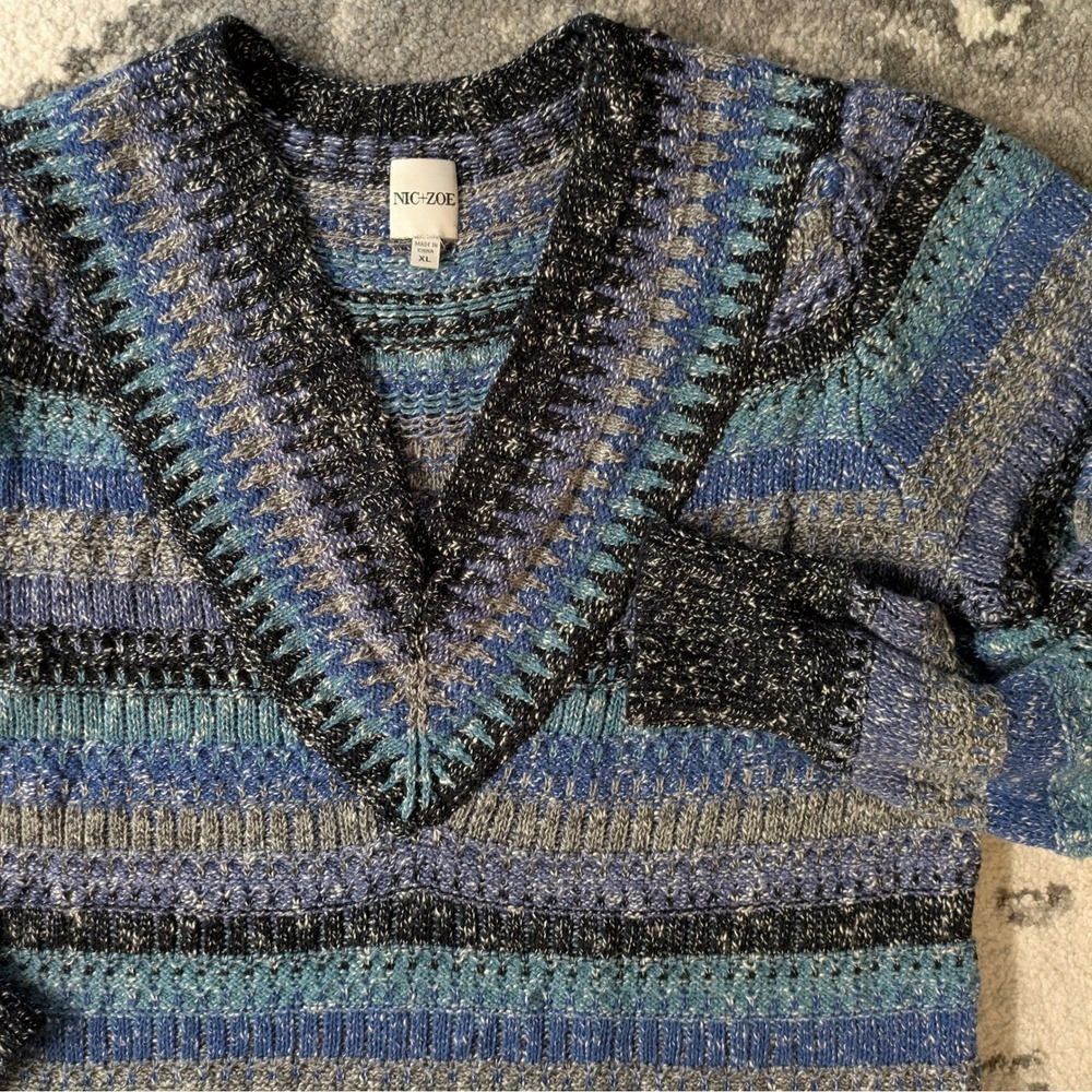 NIC+ZOE Textured V Neck‎ Striped Pullover Sweater Women's XL Blue Black
